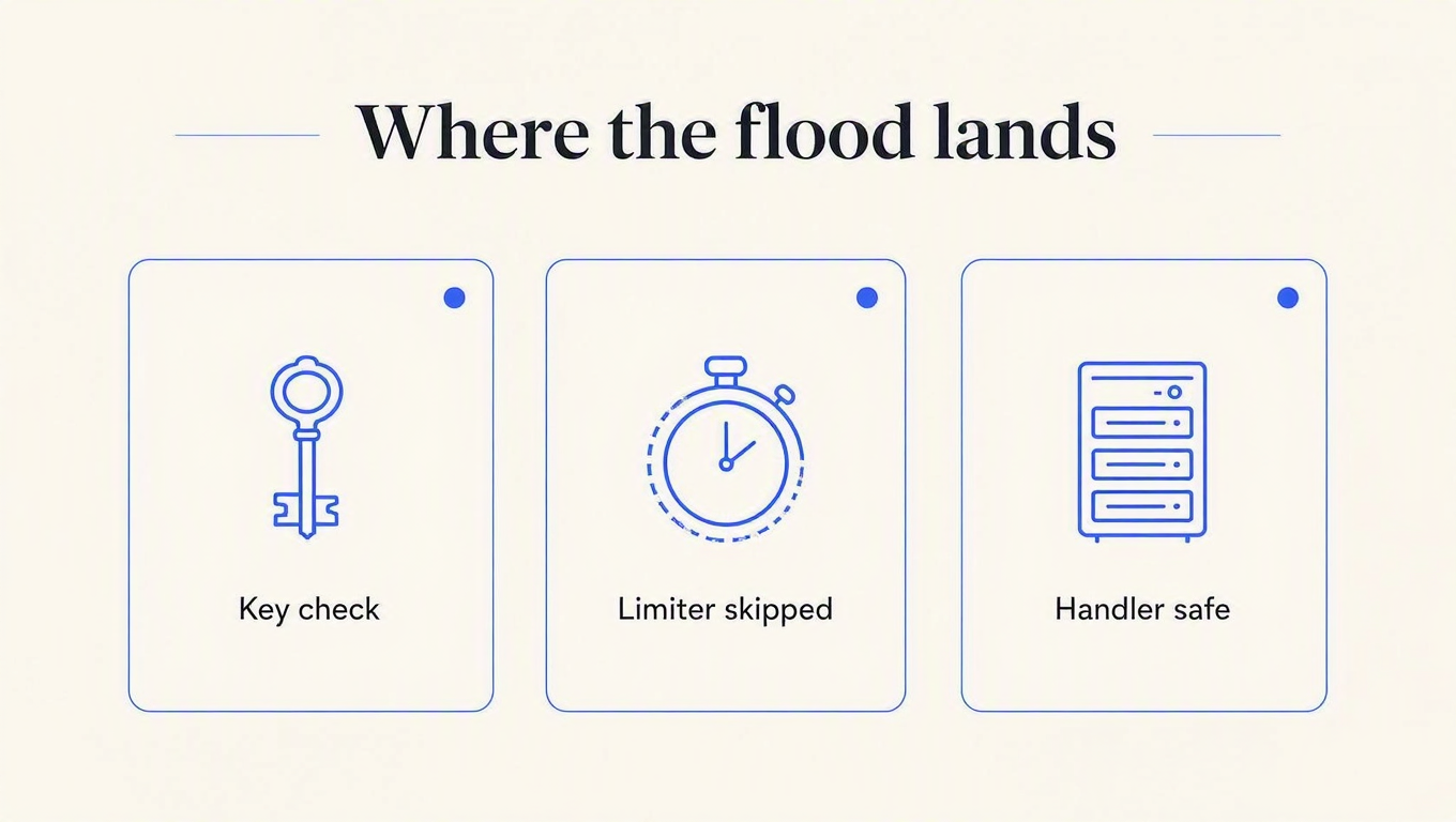 Infographic: where the flood lands. Three cards showing that the key check runs, the limiter is skipped, and the handler stays safe.