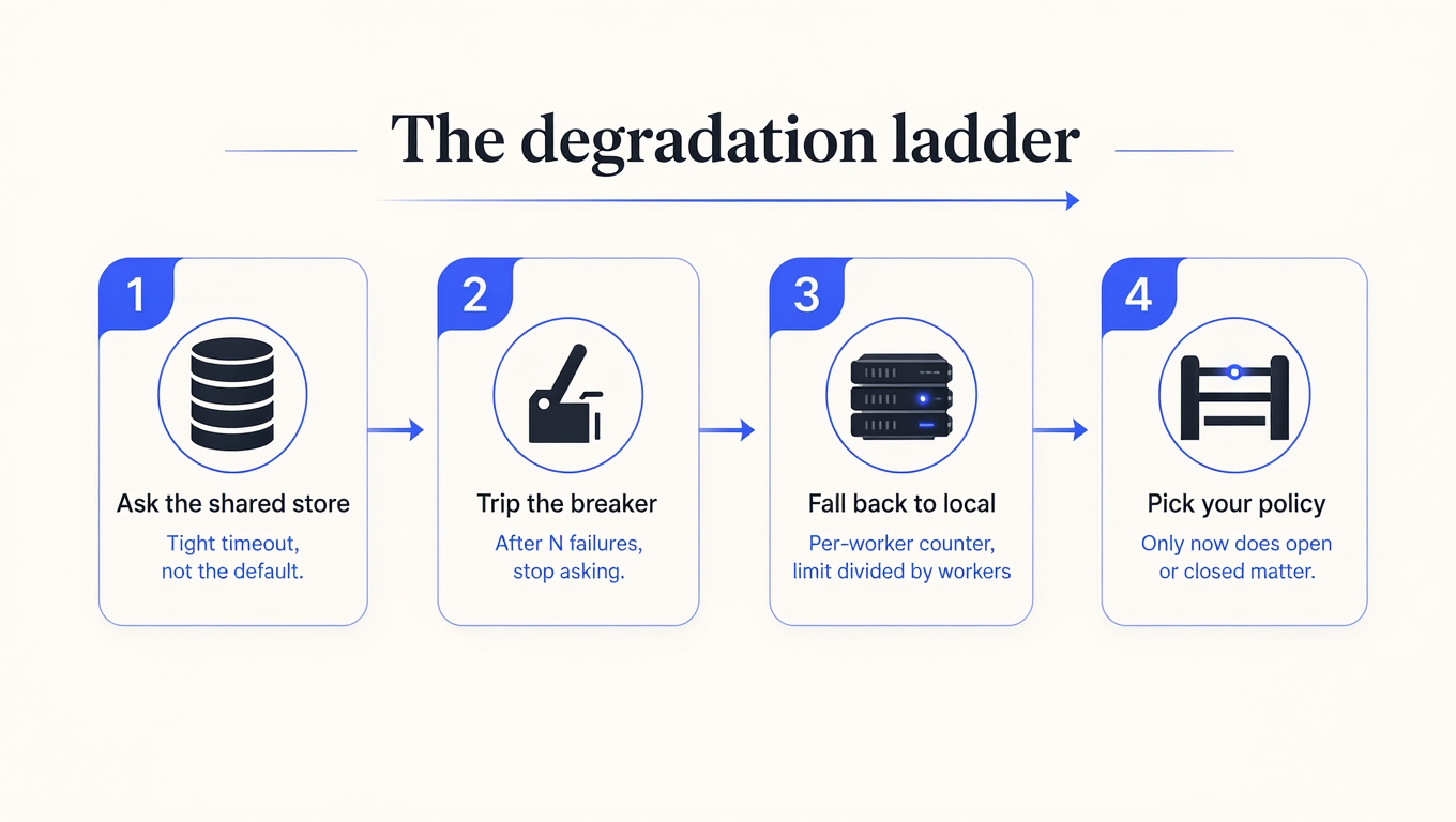 Four-step degradation ladder diagram: ask the shared store with a tight timeout, trip the circuit breaker after N failures, fall back to a per-worker local counter of limit divided by workers, and only then apply the open or closed policy.