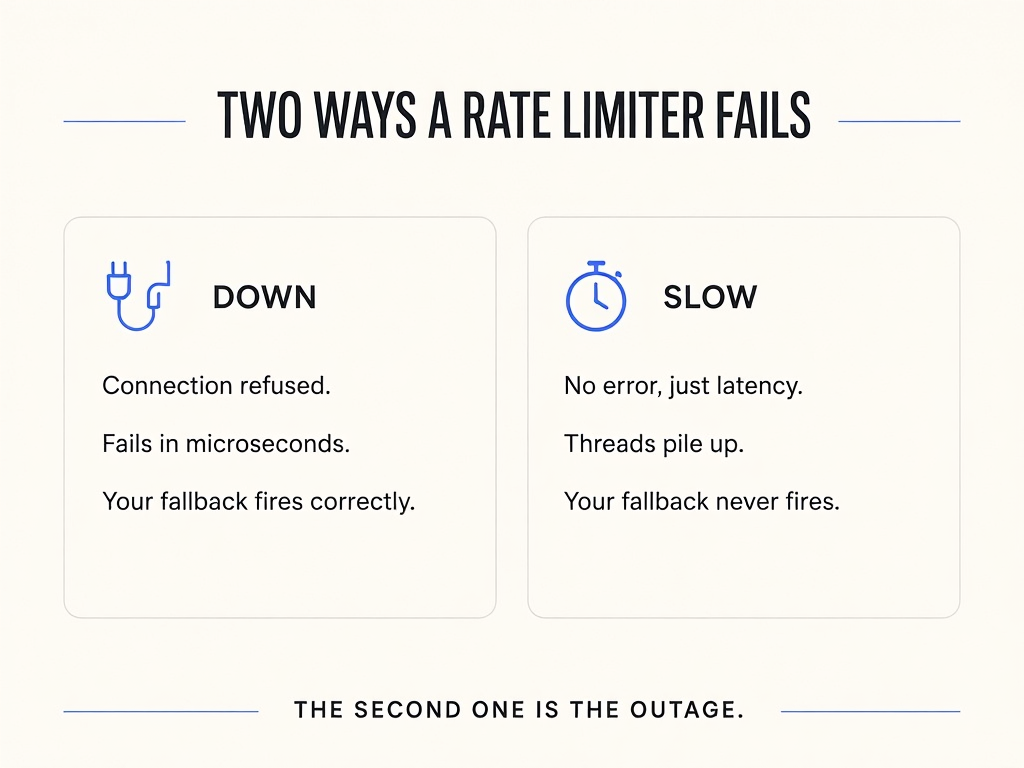 Infographic contrasting two rate limiter failure modes: Down means connection refused, fails in microseconds, and the fallback fires correctly; Slow means no error, just latency, threads pile up, and the fallback never fires.