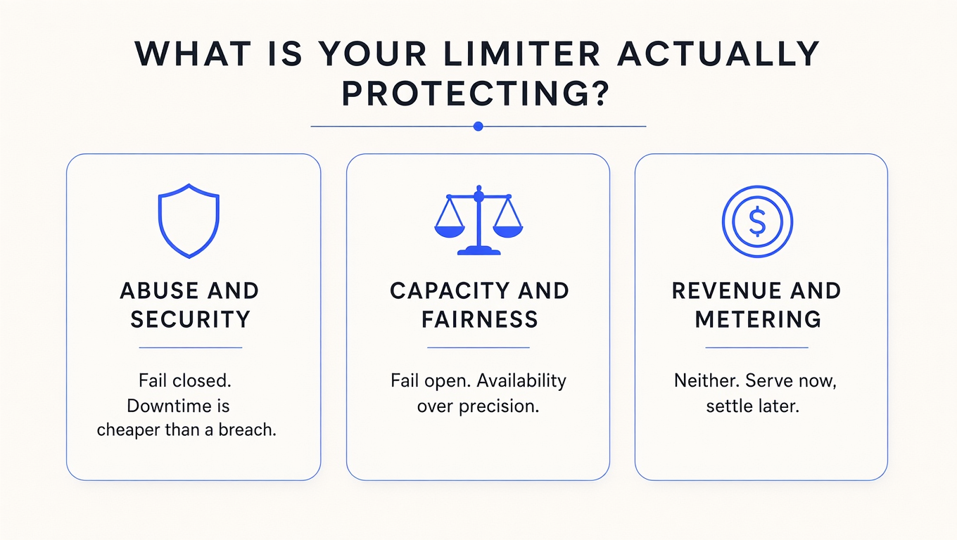 Infographic comparing three purposes of a rate limiter: abuse and security should fail closed, capacity and fairness should fail open, revenue and metering should do neither and instead serve now and settle later.