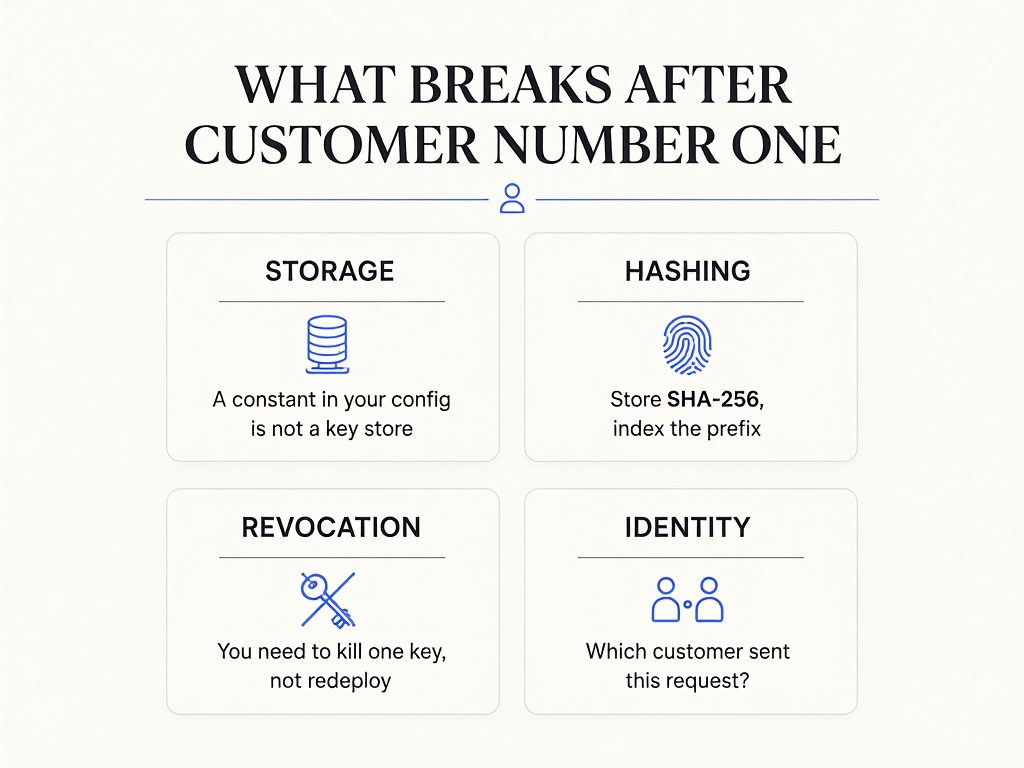 Infographic of the four things that break after your first customer: storage, hashing, revocation and identity