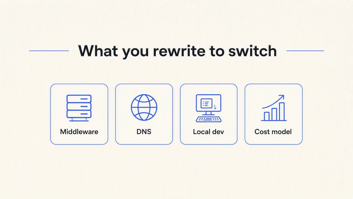 Infographic of the four things that change when you swap a beside-path key layer for an in-front gateway: middleware, DNS and ingress, local development, and cost model