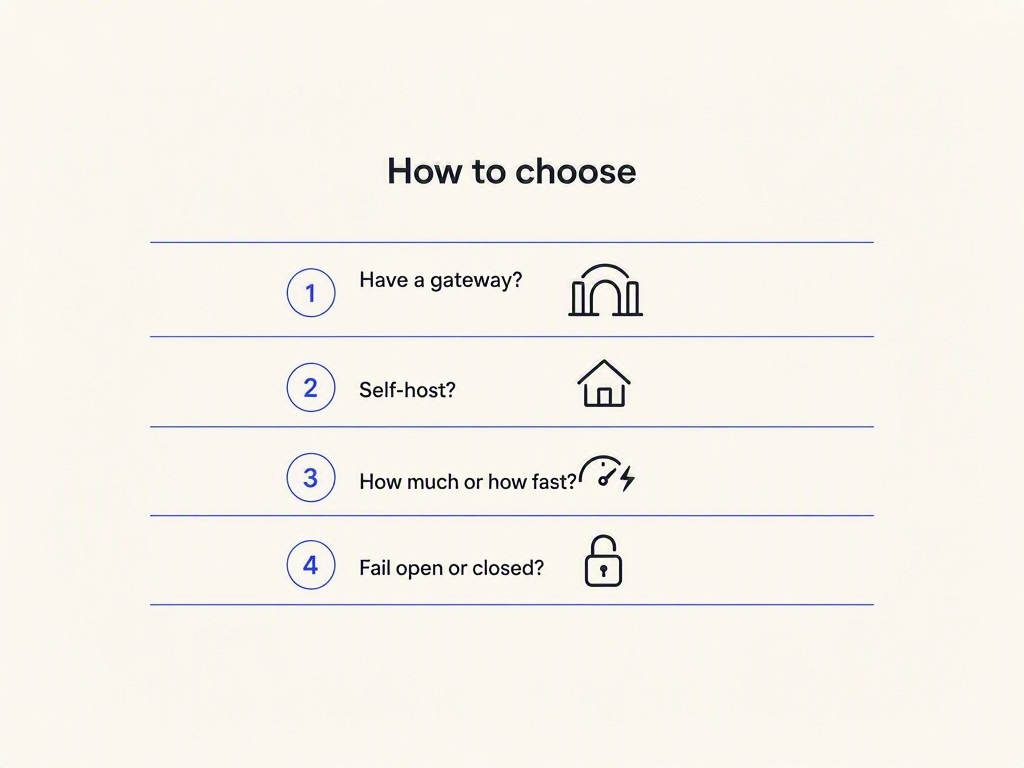 Decision guide for choosing an API key management tool based on existing gateway, self-hosting requirements, and whether you need usage quota or throughput limits