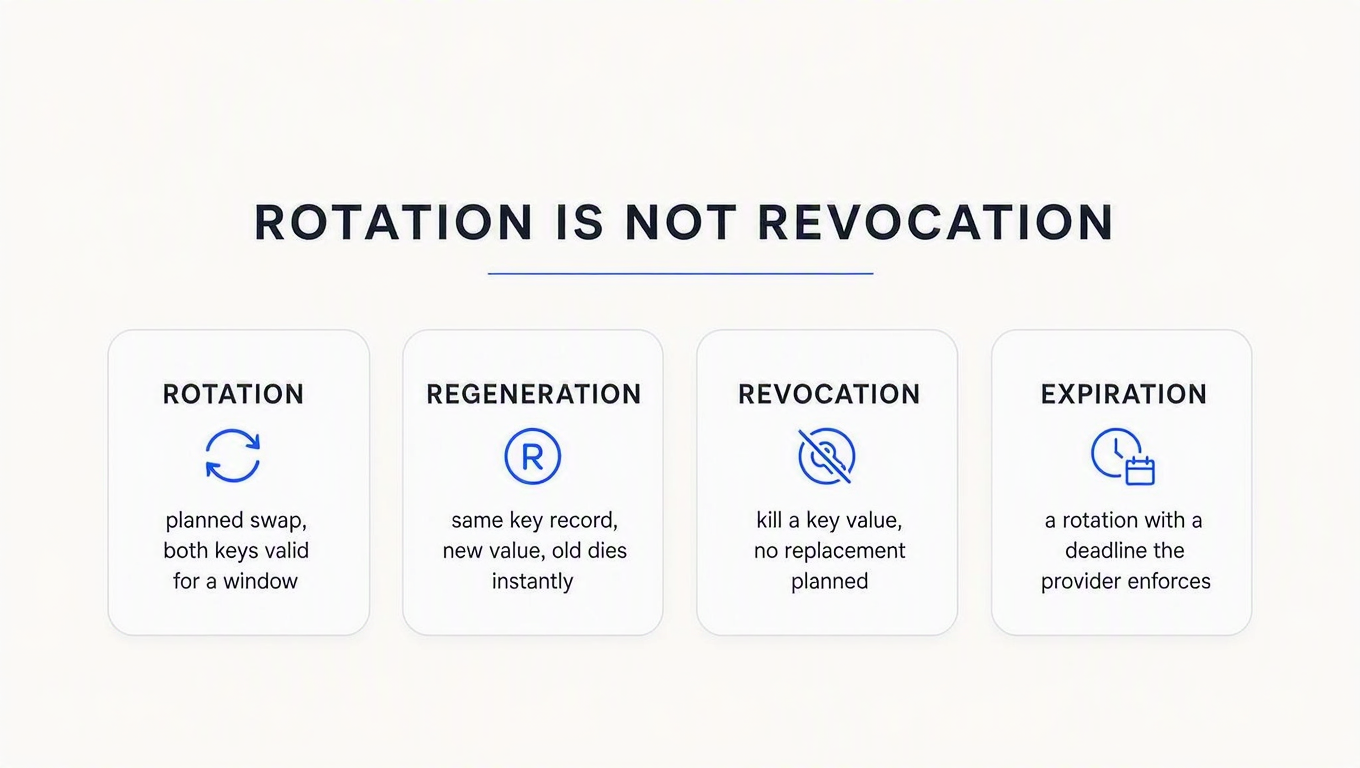 Four cards comparing rotation, regeneration, revocation and expiration, showing that only rotation keeps both keys valid for a window