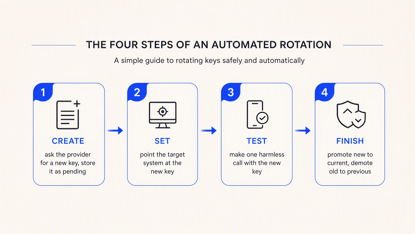 Four-step process diagram: create a new key and store it as pending, set the target system to use it, test it with one harmless call, then finish by promoting new to current and demoting old to previous