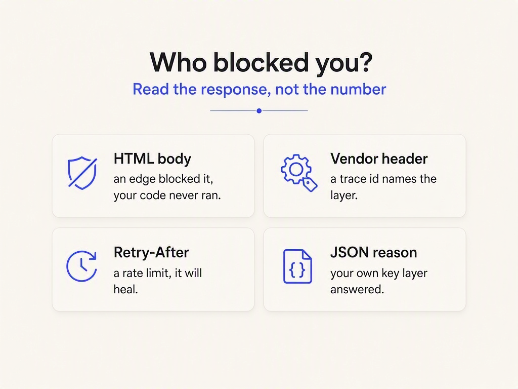 Infographic: four fingerprints for identifying who blocked a request, an HTML body, a vendor header, a Retry-After header, or a JSON reason